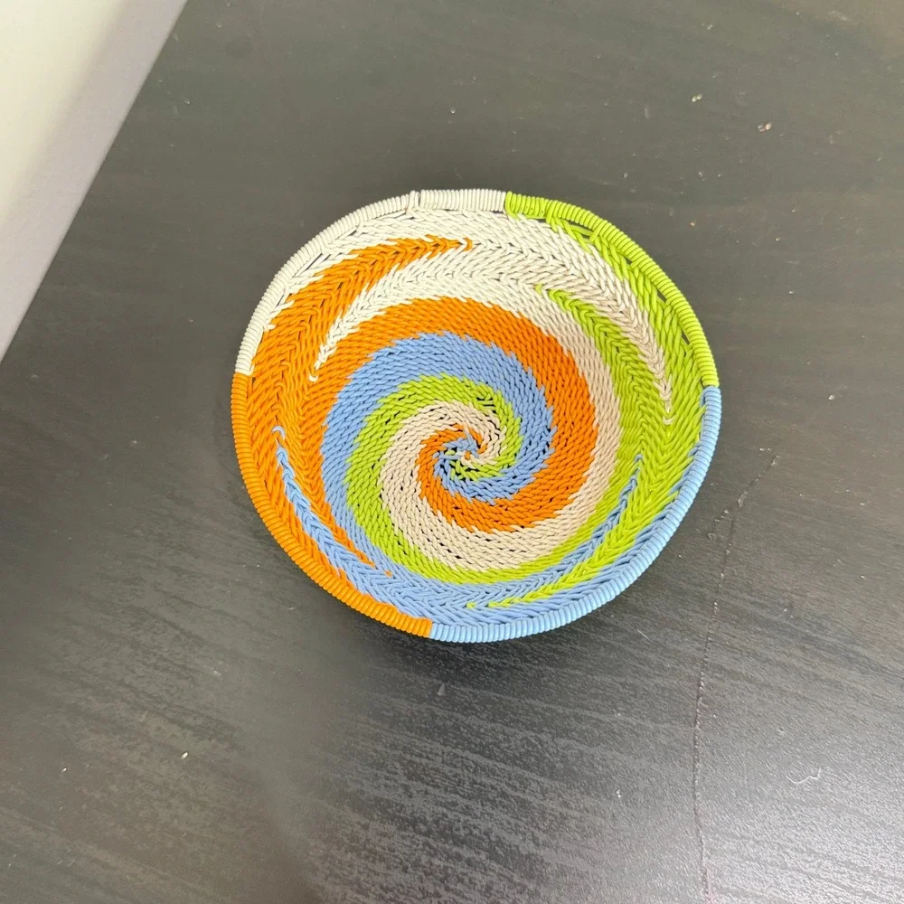 Zulu Telephone Wire Basket Spiral Design Small Woven Bowl Orange Blue Green 4.5